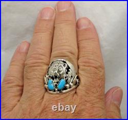 Native American Navajo Signed Sterling Silver Turquoise Bear Ring Size 14 #20