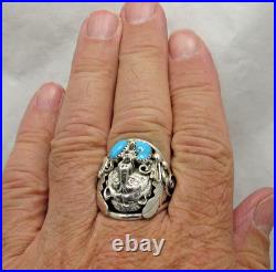 Native American Navajo Signed Sterling Silver Turquoise Bear Ring Size 14 #20