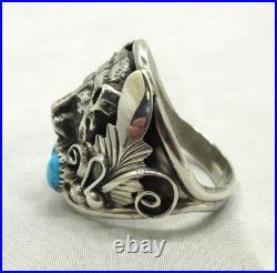 Native American Navajo Signed Sterling Silver Turquoise Bear Ring Size 14 #20