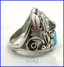 Native American Navajo Signed Sterling Silver Turquoise Bear Ring Size 14 #20