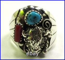Native American Navajo Signed Sterling Silver Turquoise Bison Ring Size 10.5 144