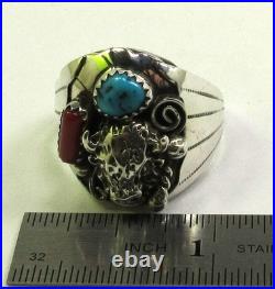 Native American Navajo Signed Sterling Silver Turquoise Bison Ring Size 10.5 144
