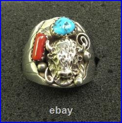 Native American Navajo Signed Sterling Silver Turquoise Bison Ring Size 10.5 144