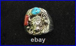 Native American Navajo Signed Sterling Silver Turquoise Bison Ring Size 10.5 144