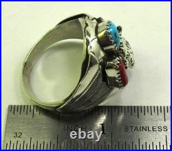 Native American Navajo Signed Sterling Silver Turquoise Bison Ring Size 10.5 144