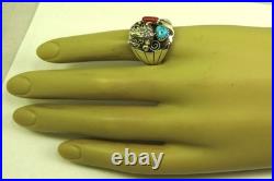 Native American Navajo Signed Sterling Silver Turquoise Bison Ring Size 10.5 144