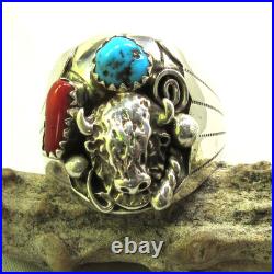 Native American Navajo Signed Sterling Silver Turquoise Bison Ring Size 13 #149