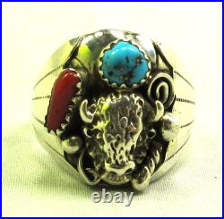 Native American Navajo Signed Sterling Silver Turquoise Bison Ring Size 13 #149
