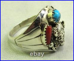 Native American Navajo Signed Sterling Silver Turquoise Bison Ring Size 13 #149