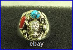 Native American Navajo Signed Sterling Silver Turquoise Bison Ring Size 13 #149