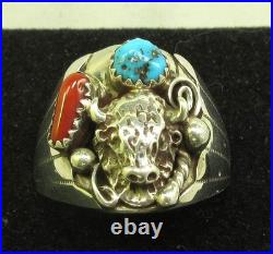 Native American Navajo Signed Sterling Silver Turquoise Bison Ring Size 13 #149