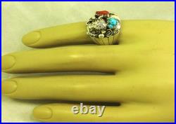 Native American Navajo Signed Sterling Silver Turquoise Bison Ring Size 13 #149
