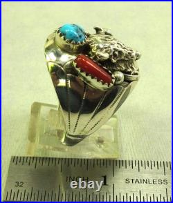 Native American Navajo Signed Sterling Silver Turquoise Bison Ring Size 13 #149