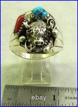 Native American Navajo Signed Sterling Silver Turquoise Bison Ring Size 13 #149