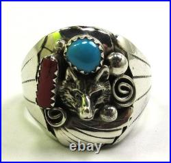 Native American Navajo Signed Sterling Silver Turquoise Wolf Ring Size 12.75 142