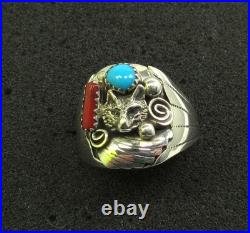Native American Navajo Signed Sterling Silver Turquoise Wolf Ring Size 12.75 142