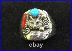 Native American Navajo Signed Sterling Silver Turquoise Wolf Ring Size 12.75 142