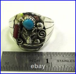 Native American Navajo Signed Sterling Silver Turquoise Wolf Ring Size 12.75 142
