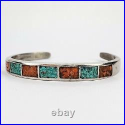 Native American Navajo Sterling Silver 925 Turquoise Coral Chip Inlay Bracelet