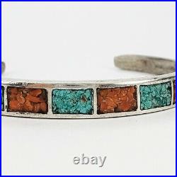 Native American Navajo Sterling Silver 925 Turquoise Coral Chip Inlay Bracelet