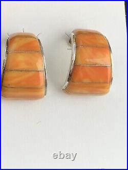 Native American Navajo Sterling Silver Orange Spiny Oyster Earrings Set 190