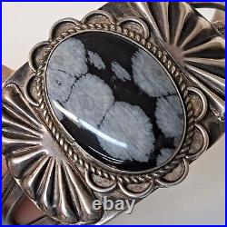 Native American Navajo Sterling Silver Snowflakes Obsidian Cuff Bracelet Sz 7