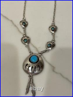 Native American Navajo Sterling Silver Turquoise Bear Paw Necklace 18