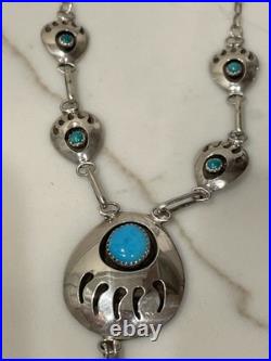 Native American Navajo Sterling Silver Turquoise Bear Paw Necklace 18