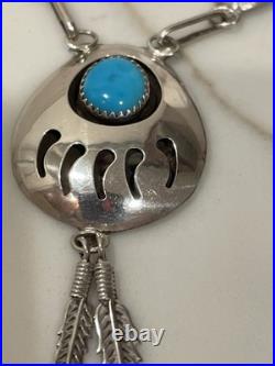 Native American Navajo Sterling Silver Turquoise Bear Paw Necklace 18