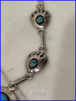 Native American Navajo Sterling Silver Turquoise Bear Paw Necklace 18