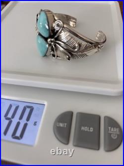 Native American Navajo Sterling, Silver Turquoise Cuff Bracelet Leaf