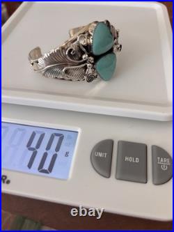 Native American Navajo Sterling, Silver Turquoise Cuff Bracelet Leaf