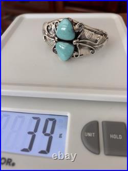Native American Navajo Sterling, Silver Turquoise Cuff Bracelet Leaf