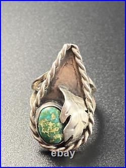 Native American Navajo Sterling Silver & Turquoise Ring Floral Leaf Size 6