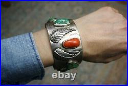 Native American Navajo Turquoise Coral Sterling Silver Cuff Bracelet Large Size