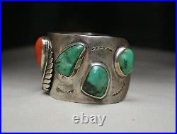 Native American Navajo Turquoise Coral Sterling Silver Cuff Bracelet Large Size