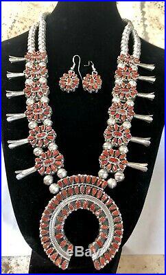 Native American Reversible Sterling Silver Turquoise And Coral Squash Blossom