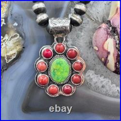 Native American Sterling Green Turquoise with Red Coral Cluster Pendant For Women