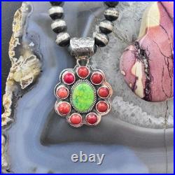 Native American Sterling Green Turquoise with Red Coral Cluster Pendant For Women