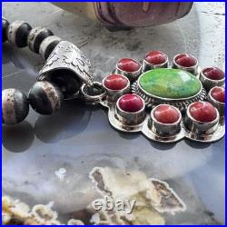 Native American Sterling Green Turquoise with Red Coral Cluster Pendant For Women