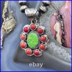 Native American Sterling Green Turquoise with Red Coral Cluster Pendant For Women