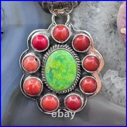 Native American Sterling Green Turquoise with Red Coral Cluster Pendant For Women