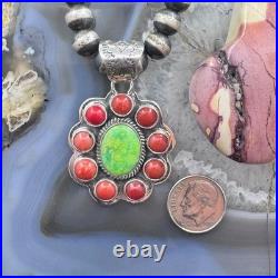 Native American Sterling Green Turquoise with Red Coral Cluster Pendant For Women
