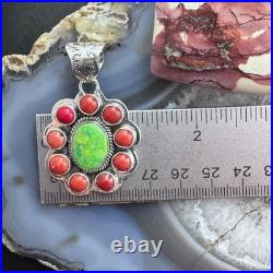 Native American Sterling Green Turquoise with Red Coral Cluster Pendant For Women