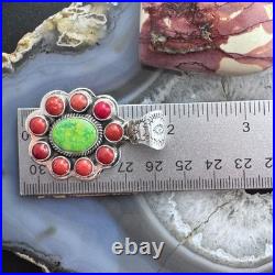 Native American Sterling Green Turquoise with Red Coral Cluster Pendant For Women