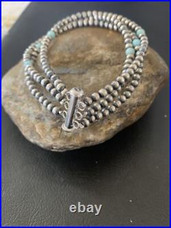Native American Sterling Silver Beads Blue Turquoise Bracelet 3 Strand 13576