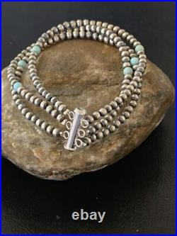 Native American Sterling Silver Beads Blue Turquoise Bracelet 3 Strand 13576