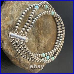 Native American Sterling Silver Beads Blue Turquoise Bracelet 3 Strand 13576
