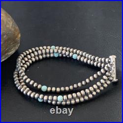Native American Sterling Silver Beads Blue Turquoise Bracelet 3 Strand 13576