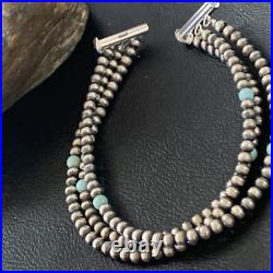 Native American Sterling Silver Beads Blue Turquoise Bracelet 3 Strand 13576